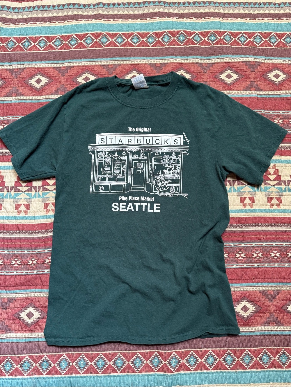 Starbucks Seattle Pike Place Market Green Graphic Tee size small